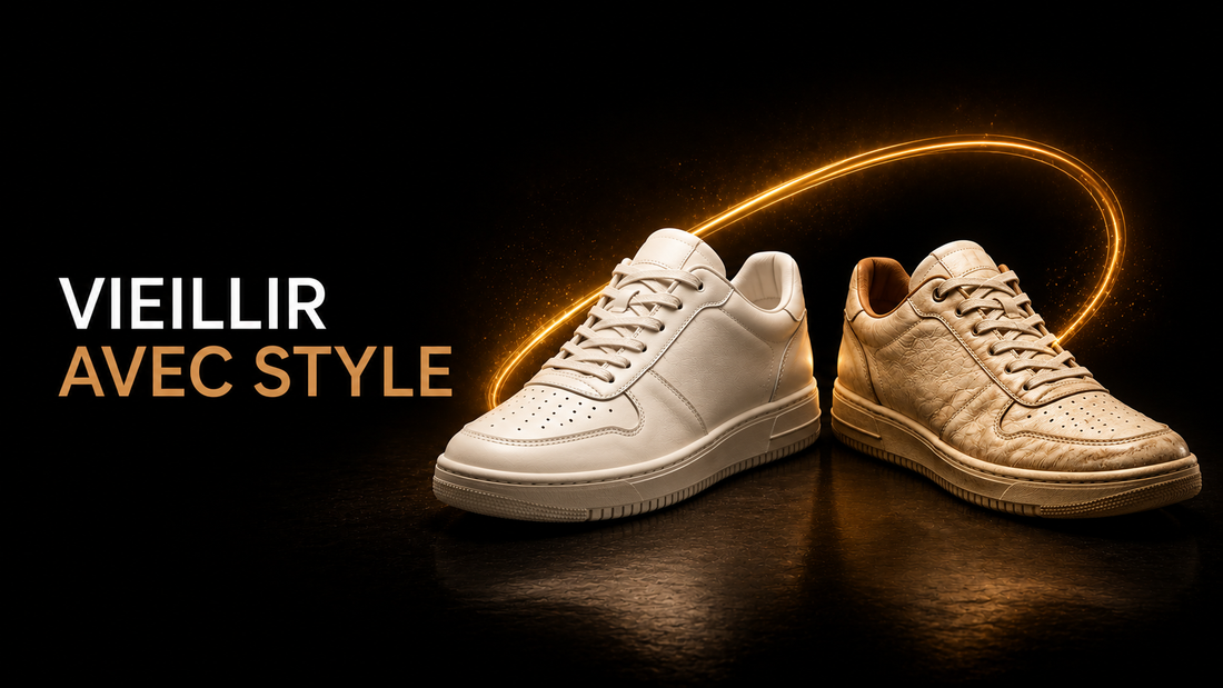 Deux sneakers premium illustrant le vieillissement naturel et la conservation durable des matériaux sur fond noir KRAKTR STORE.