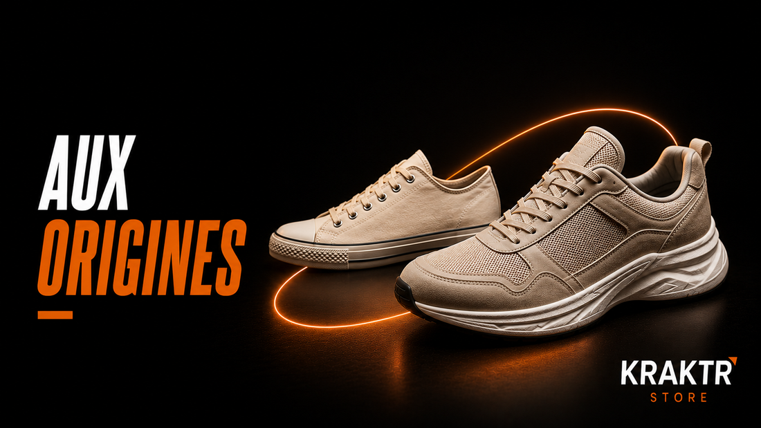 Deux sneakers illustrant l'évolution des premières chaussures en toile vers les modèles modernes – KRAKTR STORE