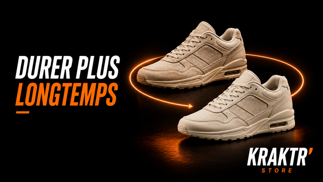 Deux sneakers premium illustrant la prolongation de leur durée de vie pour réduire leur impact environnemental – KRAKTR STORE