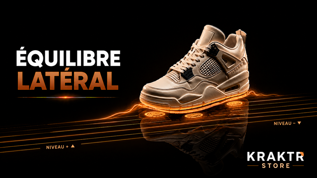 Sneaker premium illustrant un maintien équilibré lors de la marche sur un sol légèrement incliné latéralement | KRAKTR STORE