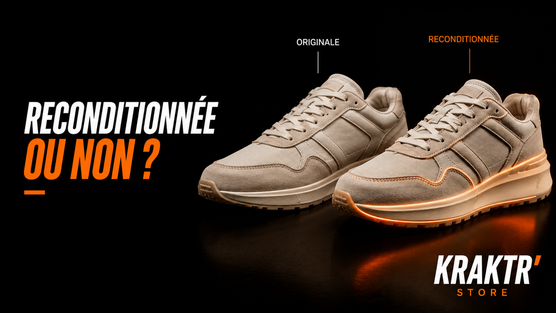 Deux sneakers premium illustrant les différences entre une paire d'origine et une sneaker reconditionnée – KRAKTR STORE