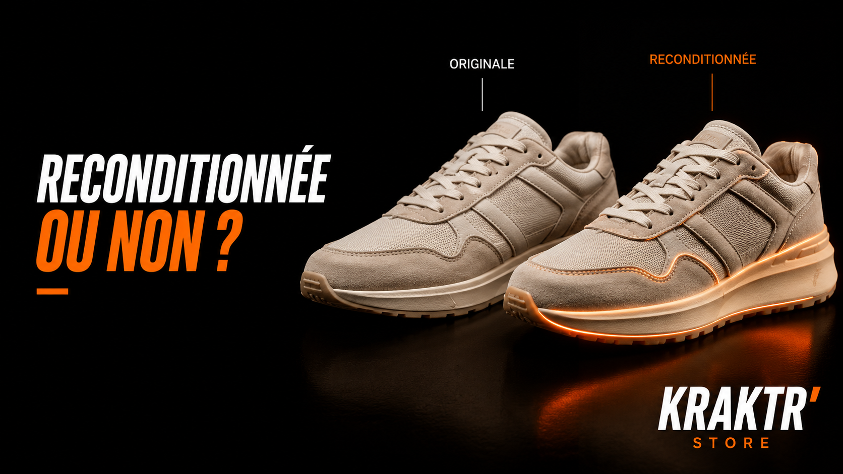 Deux sneakers premium illustrant les différences entre une paire d'origine et une sneaker reconditionnée – KRAKTR STORE