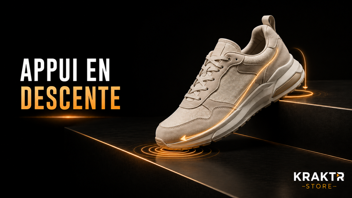 Sneaker premium illustrant le déplacement des appuis lors d’une descente de marche | KRAKTR STORE