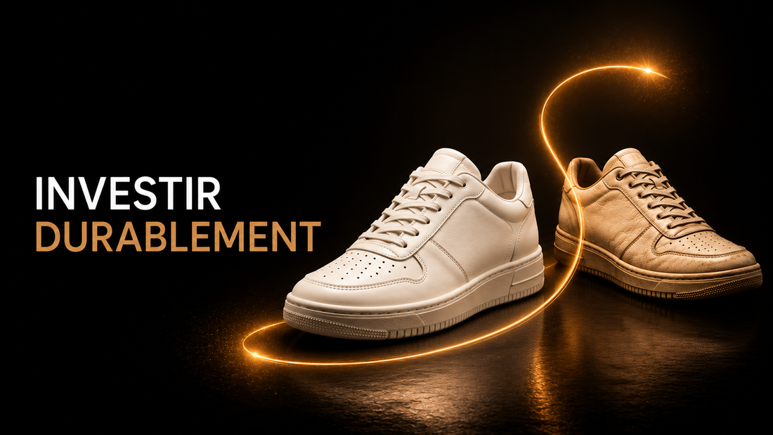 Deux sneakers premium illustrant la durabilité et la valeur d’un investissement à long terme sur fond noir KRAKTR STORE.