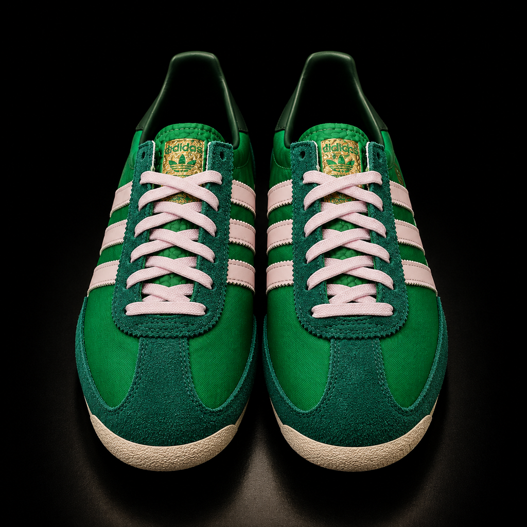 Adidas SL 72 OG W IE3427 Femme vue avant premium avec lacets roses et empiècements en suède vert