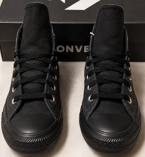Converse CTAS Hi Leather Triple Black unisexe vue dessus avec boîte