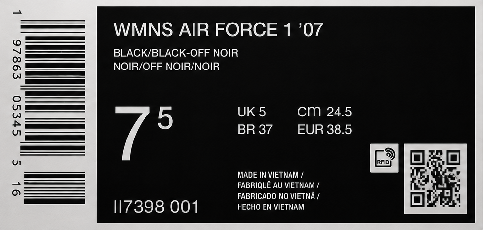 Boîte étiquette Nike Air Force 1 Pony Hair Triple Black Femme taille 38.5