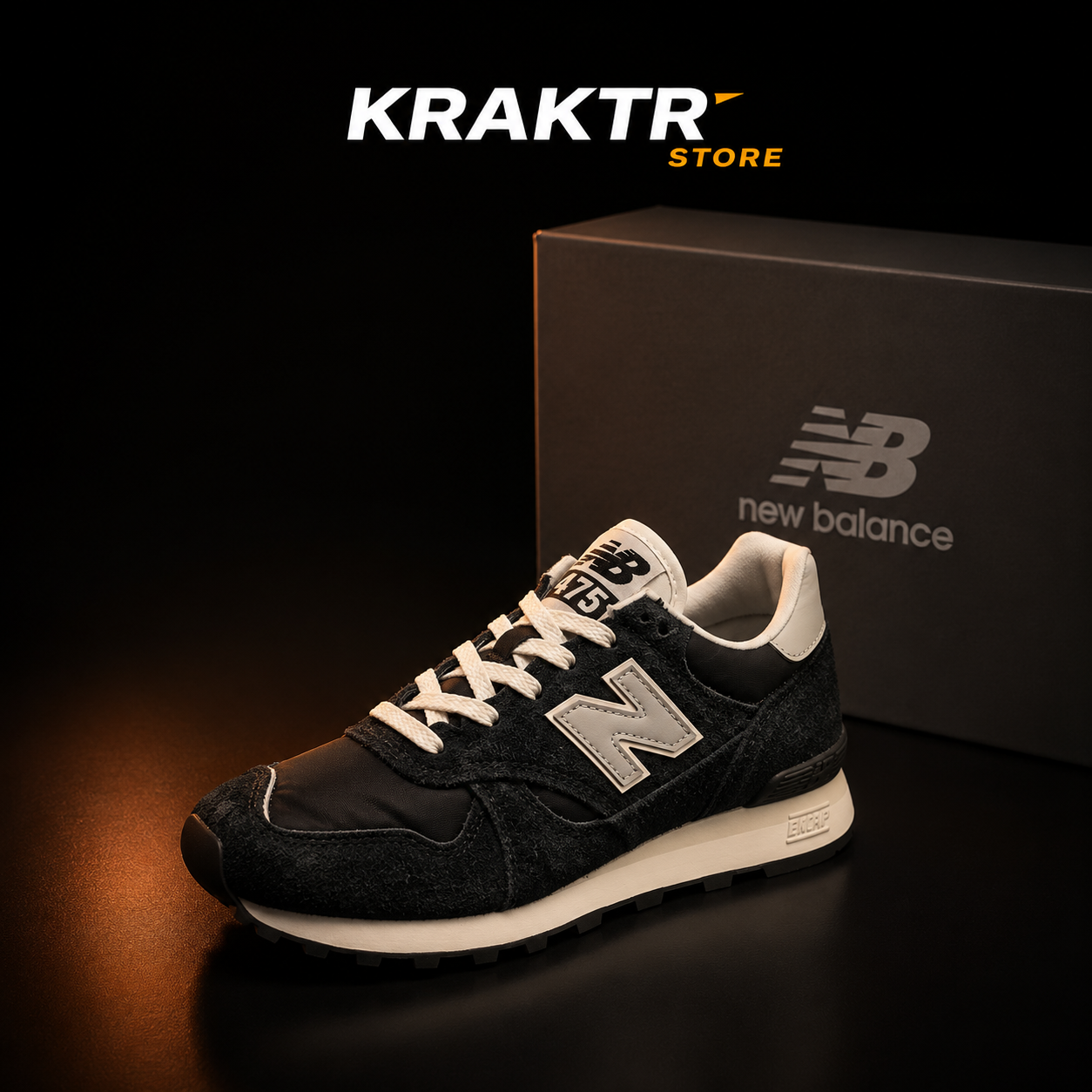 New Balance 475 U475HD noir blanc vue 3/4 avant avec boîte d'origine