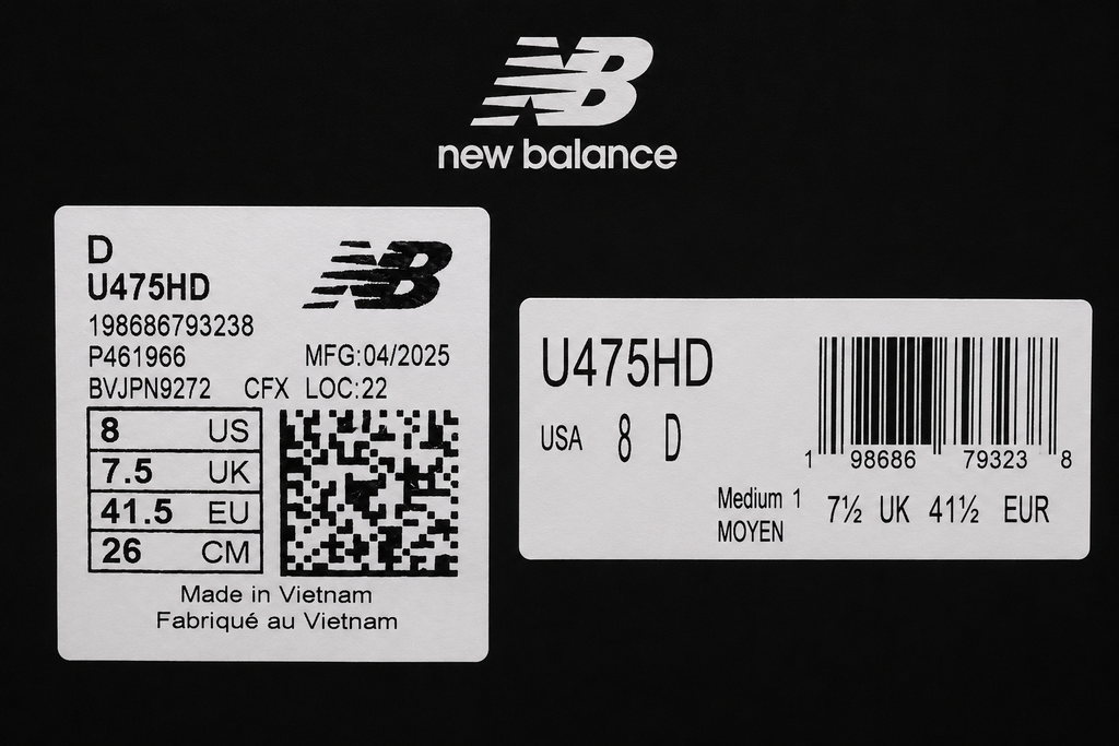 Étiquettes authentification New Balance 475 U475HD référence et QR code