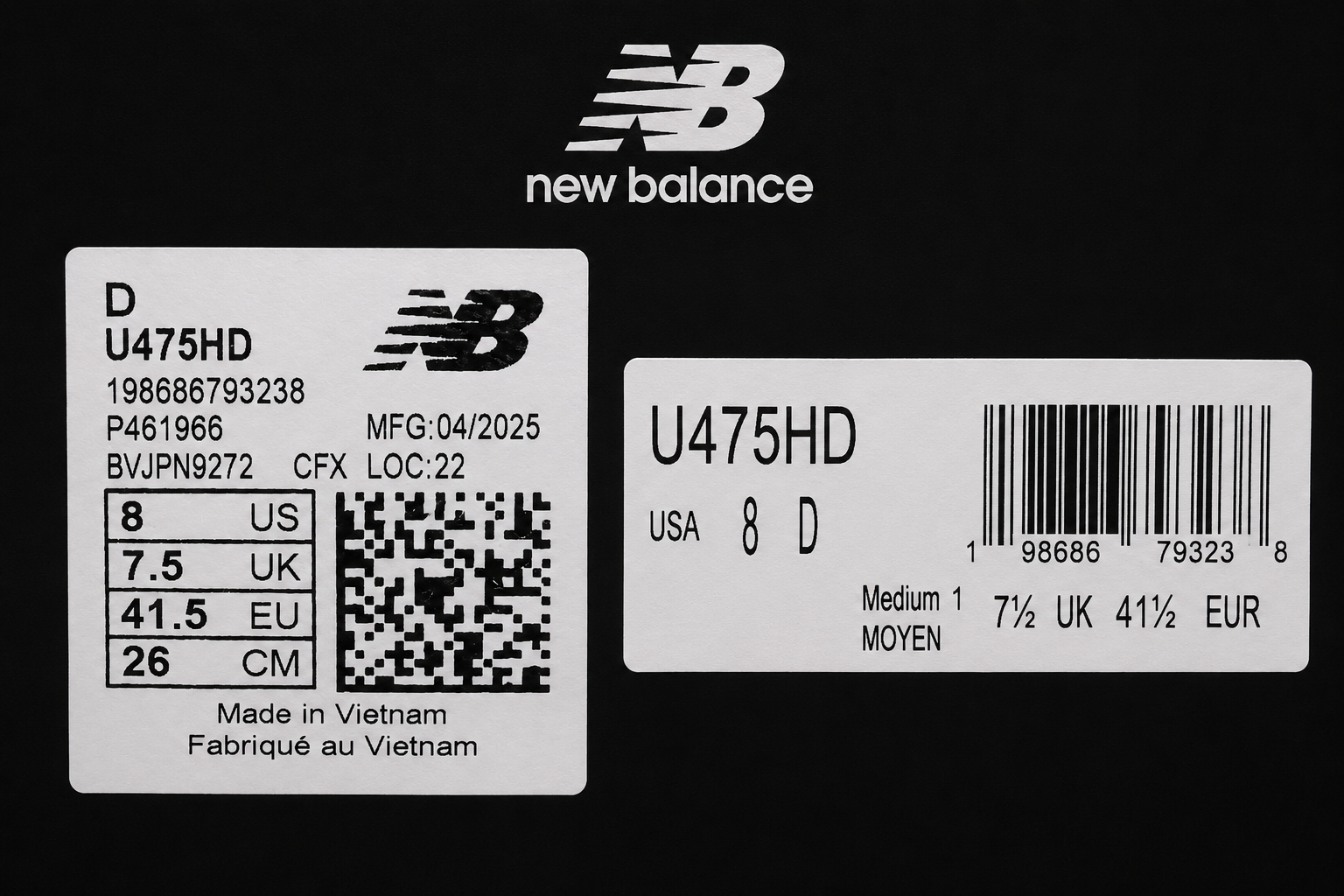 Étiquettes authentification New Balance 475 U475HD référence et QR code