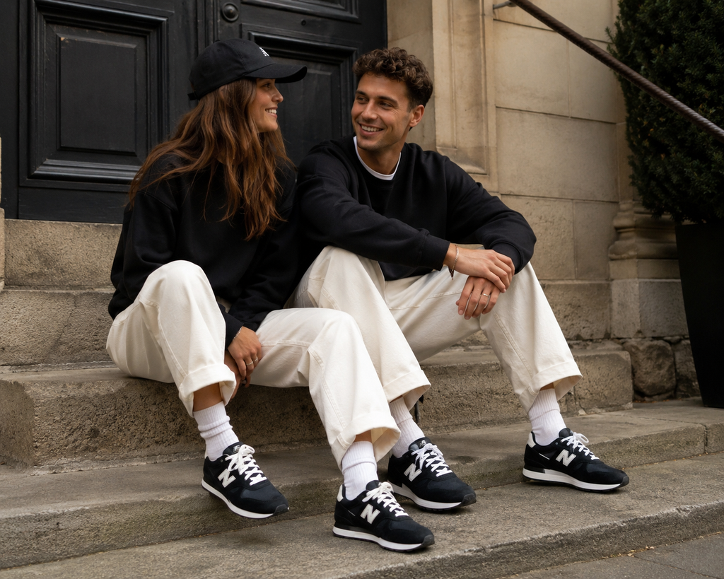 Couple portant les New Balance 475 U475HD noir blanc en environnement urbain