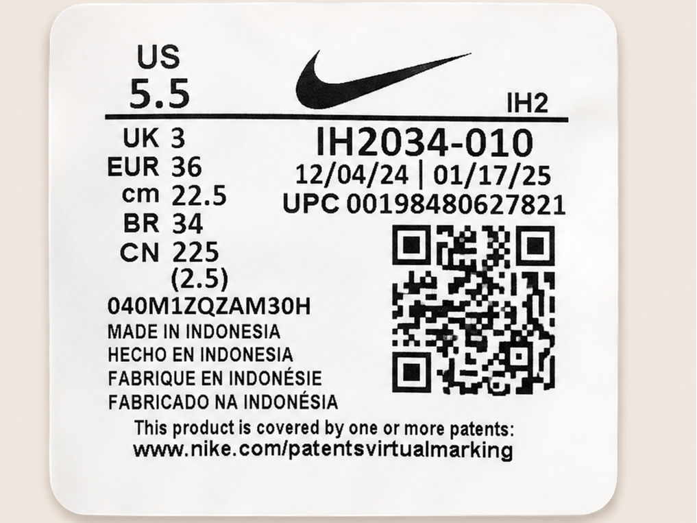 Étiquette intérieure Nike Air Force 1 ’07 LV8 IH2034-010 taille 36 femme