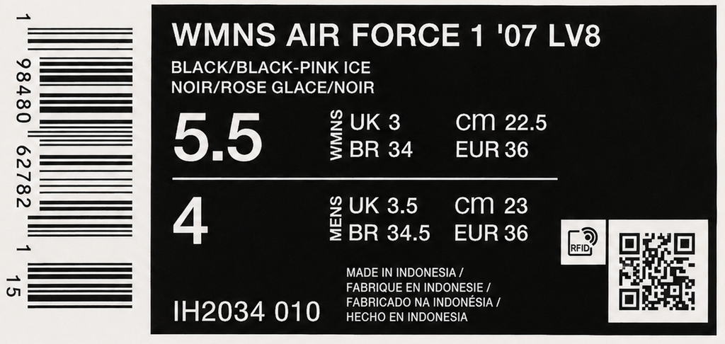 Étiquette boîte Nike Air Force 1 ’07 LV8 Black Pink Ice IH2034-010 EUR 36
