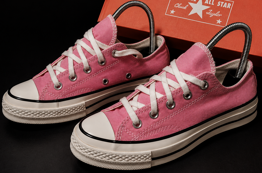 Converse Chuck 70 OX rose profil latéral avec boîte Converse