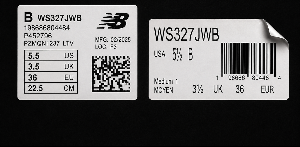 Étiquette boîte New Balance 327 White Black taille 36