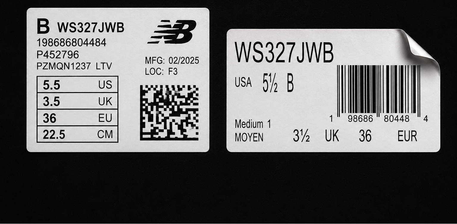 Étiquette boîte New Balance 327 White Black taille 36