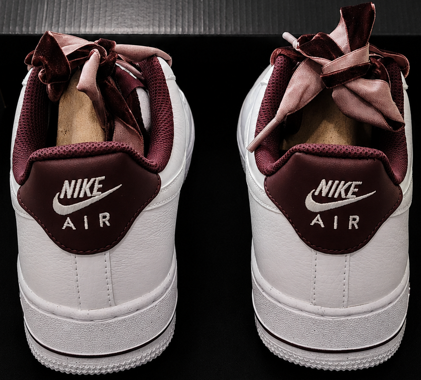 Nike Air Force 1 '07 Vintage Burgundy Crush vue talons avec logo Nike Air