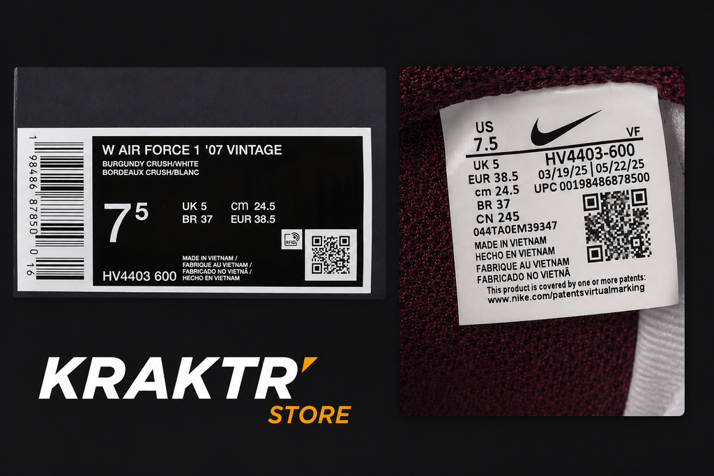 Nike Air Force 1 '07 Vintage Burgundy Crush étiquette boîte référence HV4403-600