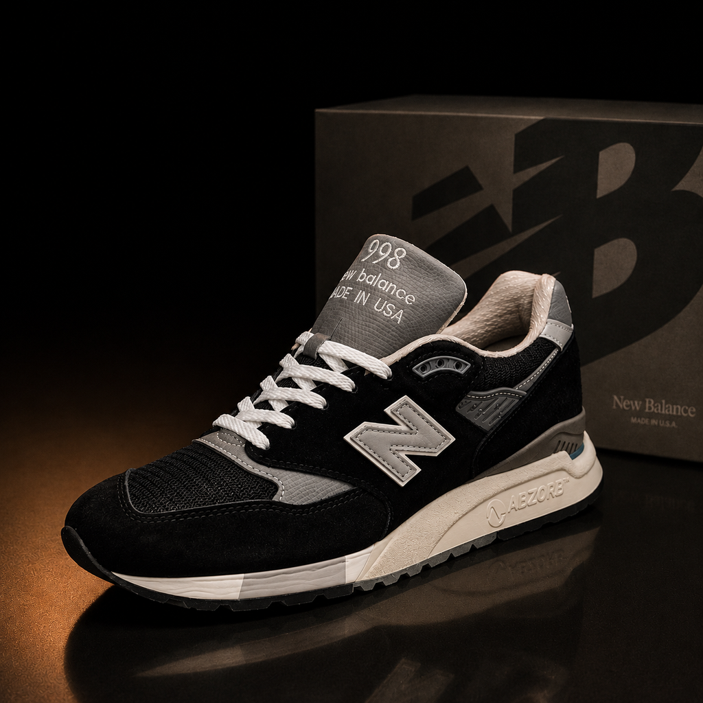 New Balance 998 Made in USA U998BL Homme vue latérale droite sur fond noir premium