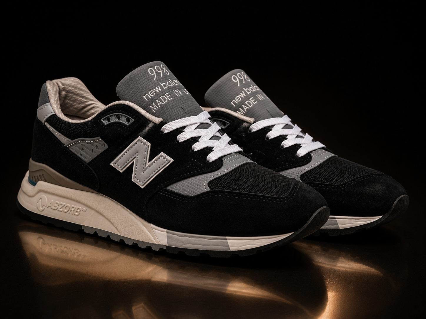 New Balance 998 Made in USA U998BL Homme vue trois quarts gauche fond noir premium