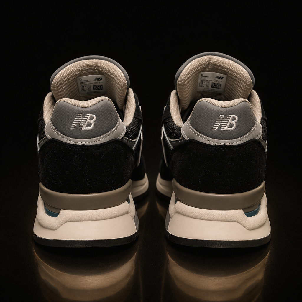 New Balance 998 Made in USA U998BL Homme vue arrière talons et logos NB