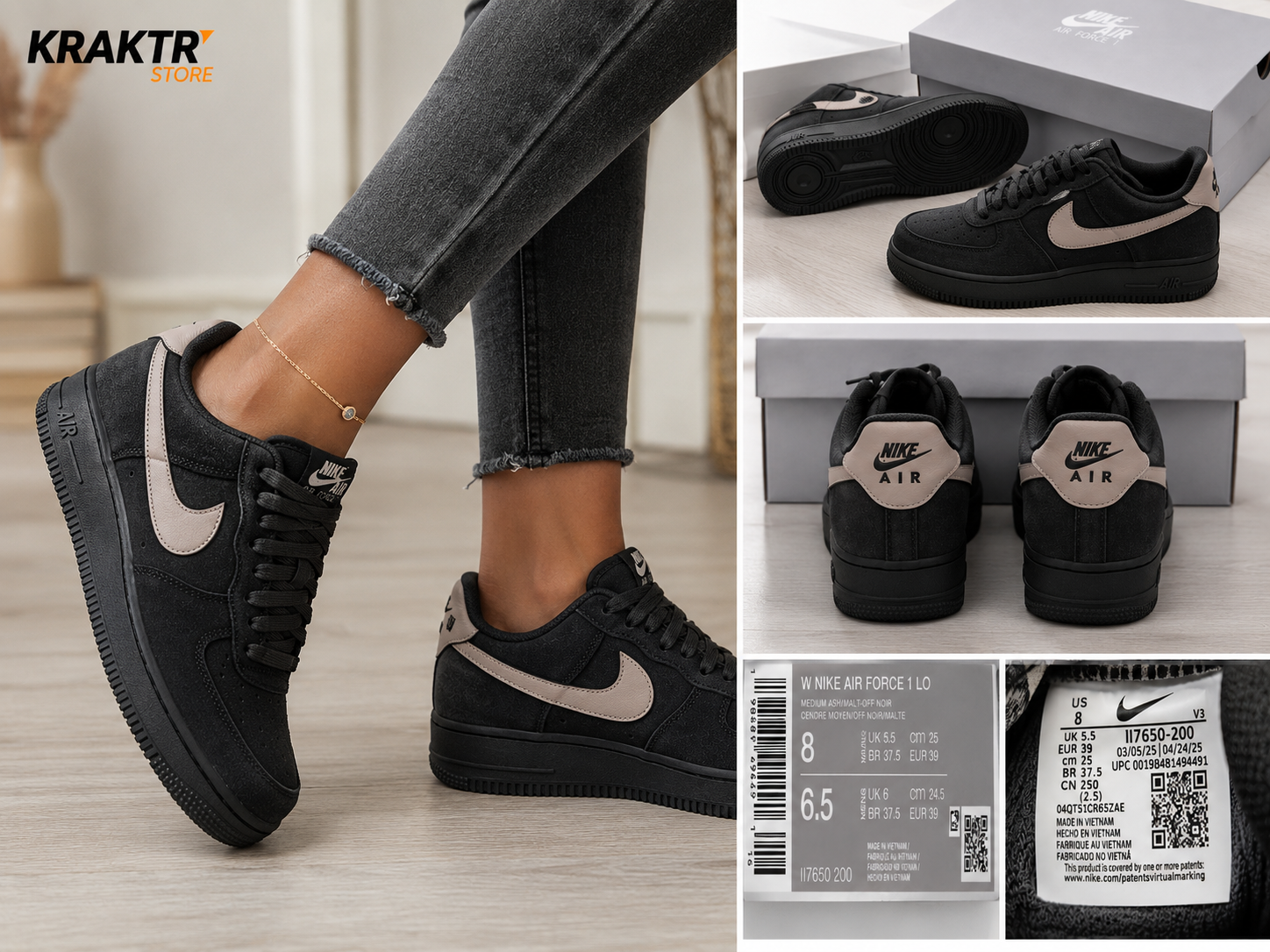 Nike Air Force 1 Low Medium Ash Malt Off Noir portée au pied femme