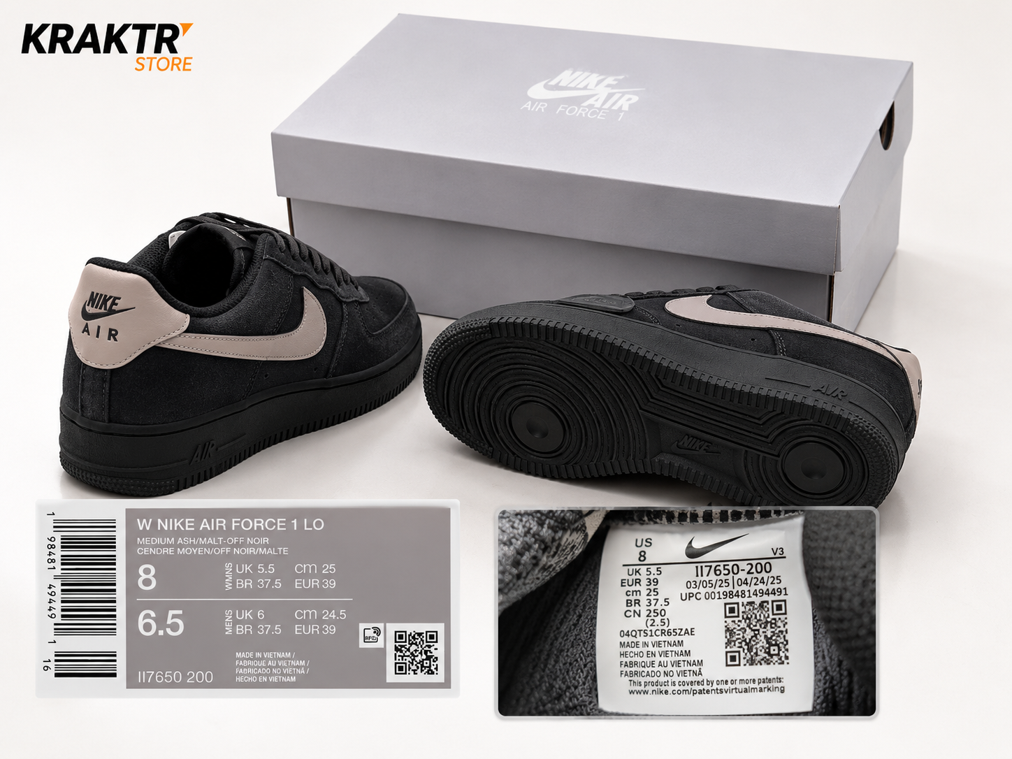 Étiquette boîte Nike Air Force 1 Low Medium Ash Malt Off Noir référence II7650-200