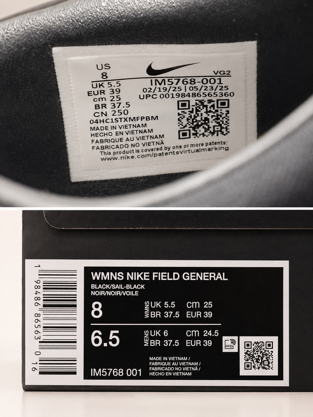 Étiquette boîte Nike Field General Zebra Black Sail référence IM5768-001 taille 39