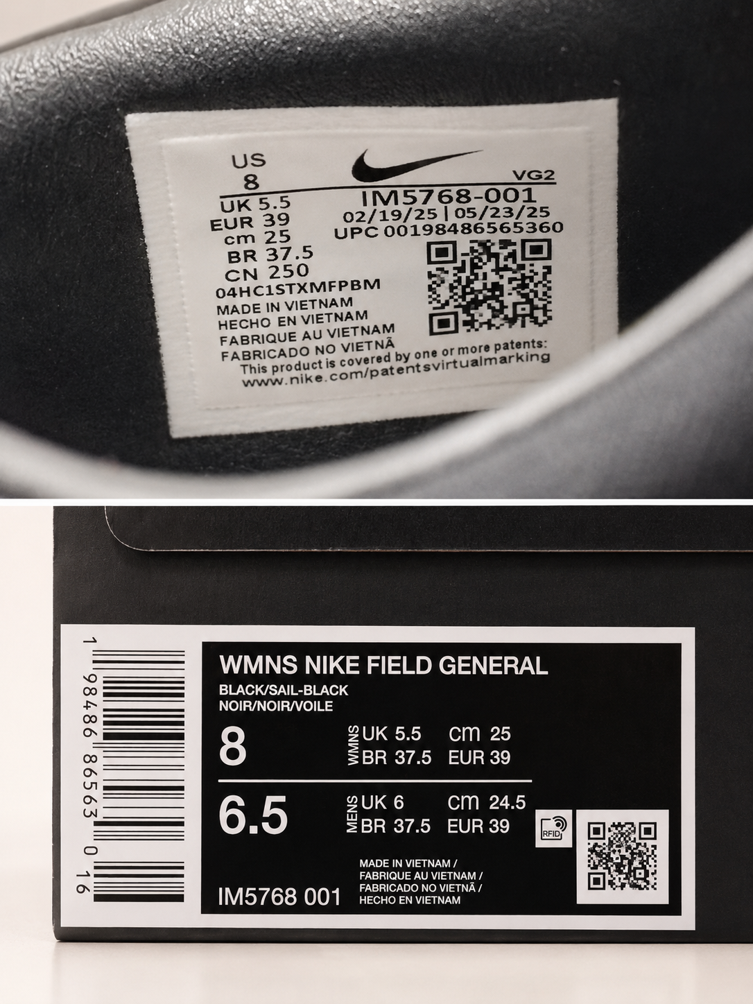 Étiquette boîte Nike Field General Zebra Black Sail référence IM5768-001 taille 39