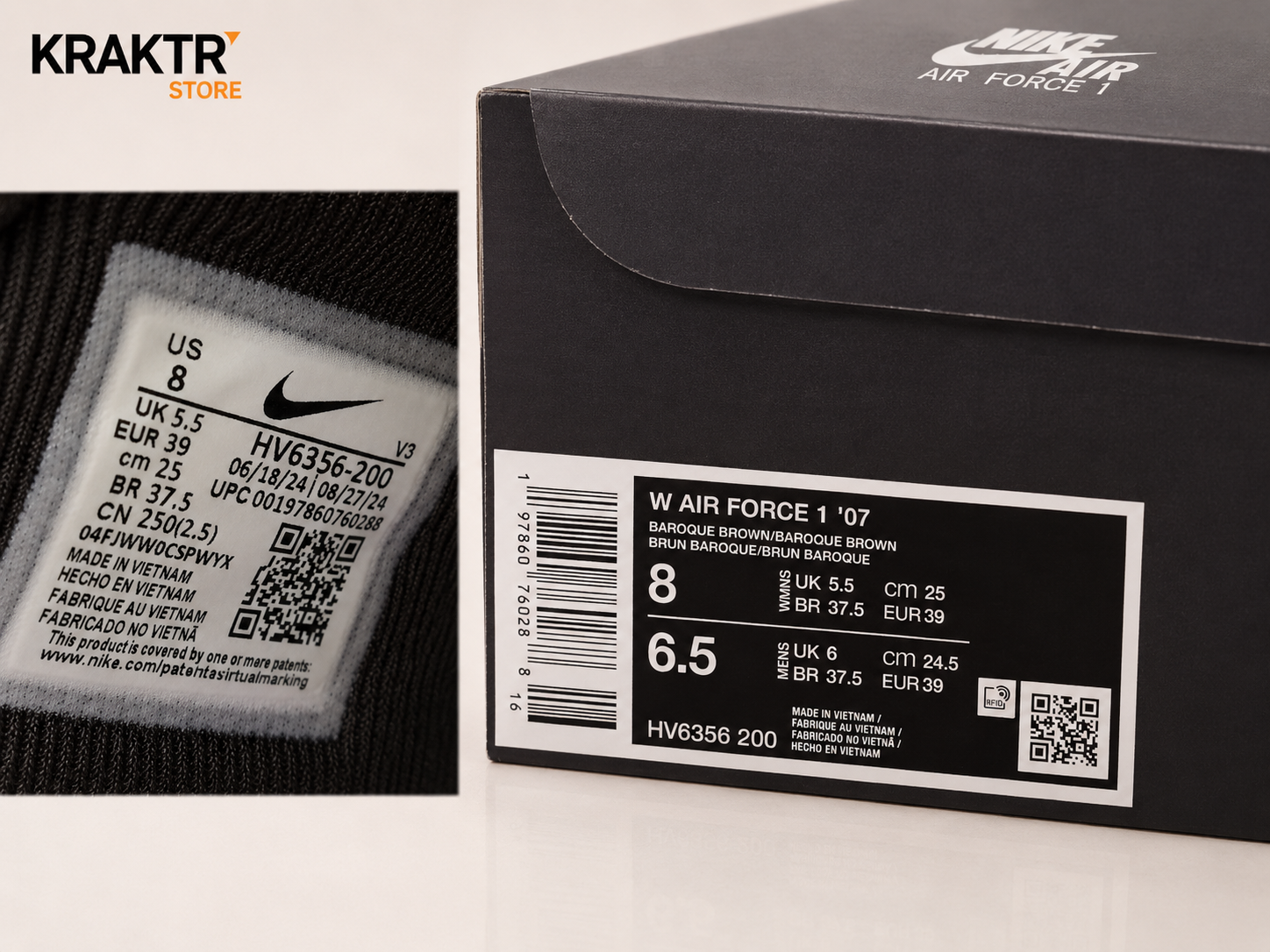 Boîte et étiquette Nike Air Force 1 ’07 Baroque Brown référence HV6356-200