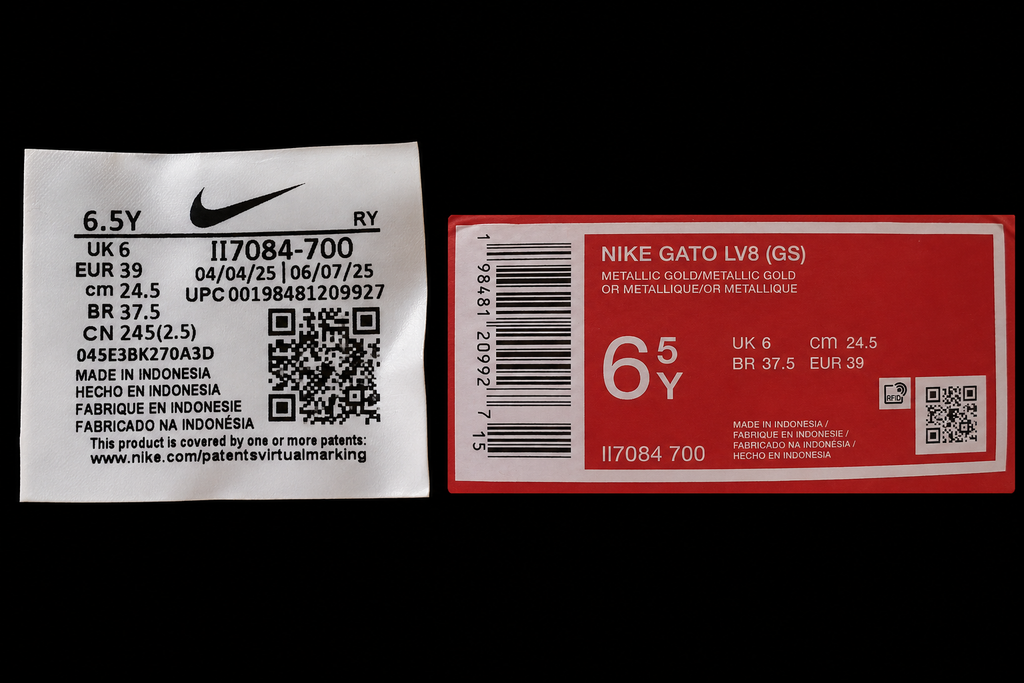 Étiquette boîte Nike Gato LV8 GS Metallic Gold référence II7084-700 taille 39