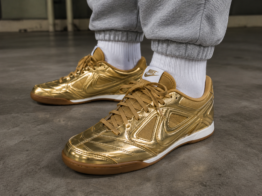 Nike Gato LV8 GS Metallic Gold portée ou posée en vue lifestyle