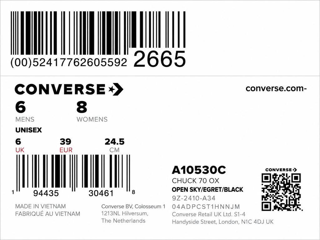 Étiquettes authentiques Converse Chuck 70 OX A10530C