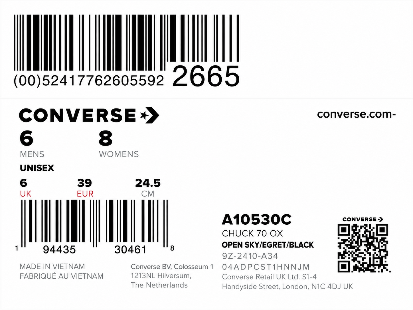 Étiquettes authentiques Converse Chuck 70 OX A10530C