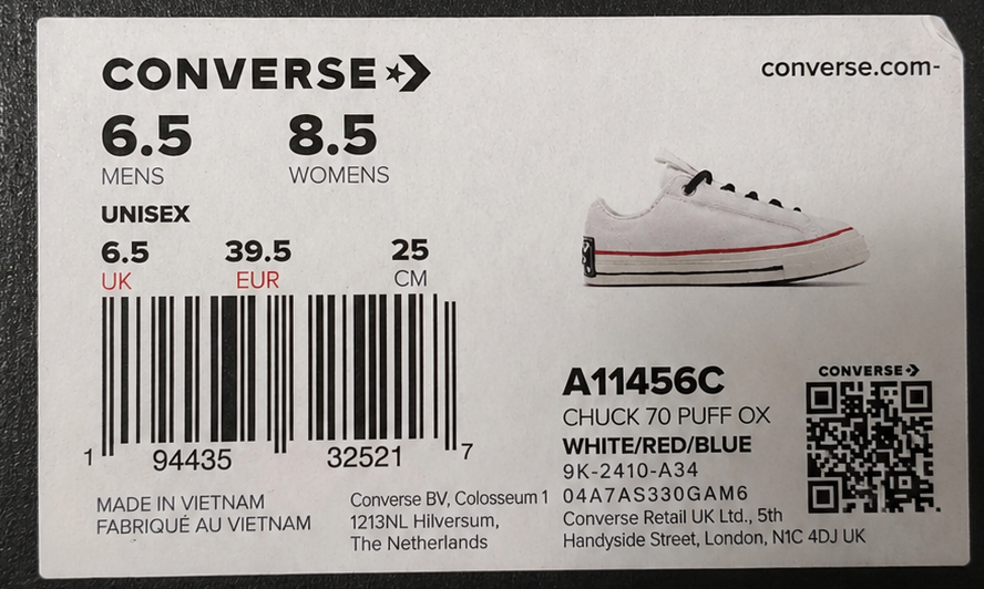 Étiquettes authentiques Converse Chuck 70 Puff A11456C