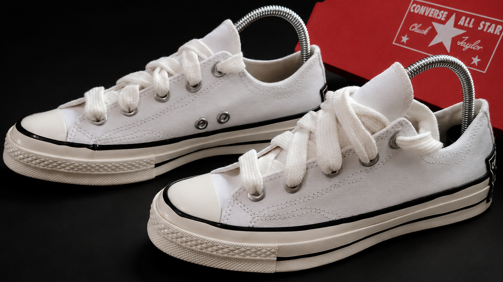 Converse Chuck 70 OX White Black Egret vue latérale avec boîte Converse