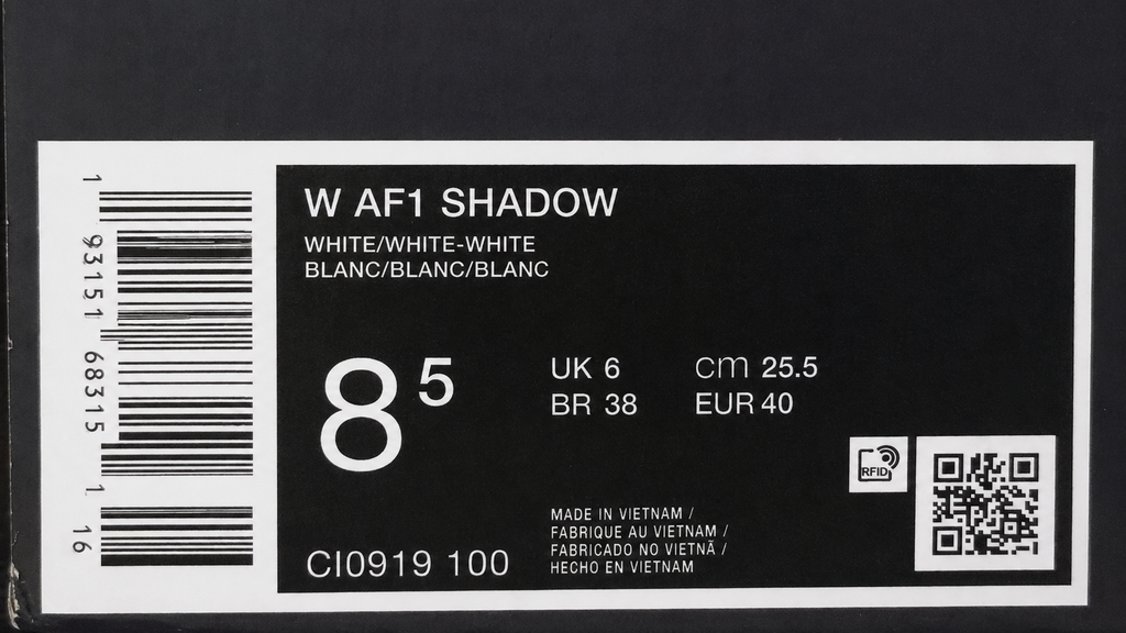 Étiquettes authentiques Nike Air Force 1 Shadow CI0919-100