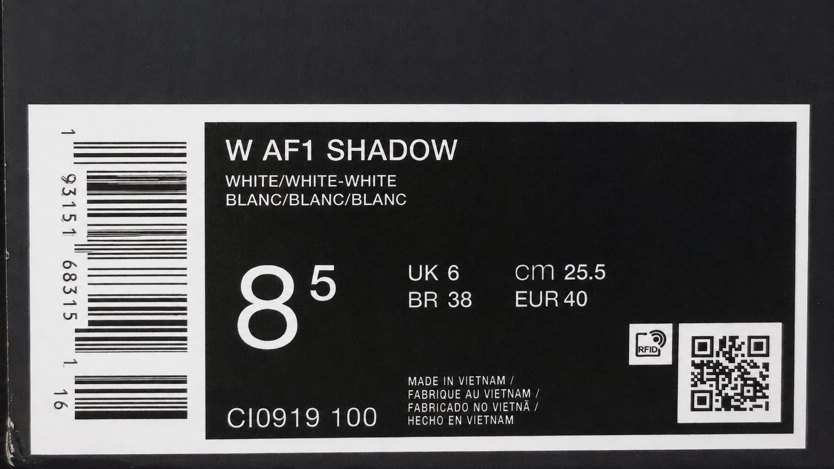 Étiquettes authentiques Nike Air Force 1 Shadow CI0919-100