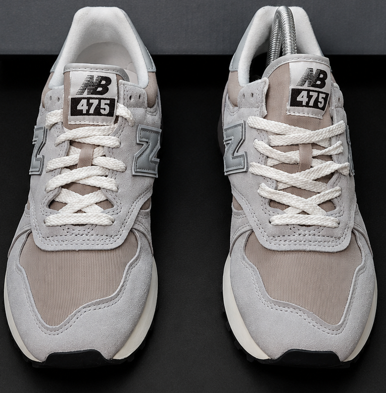 New Balance 475 Beige Moonbeam vue dessus détails mesh suède