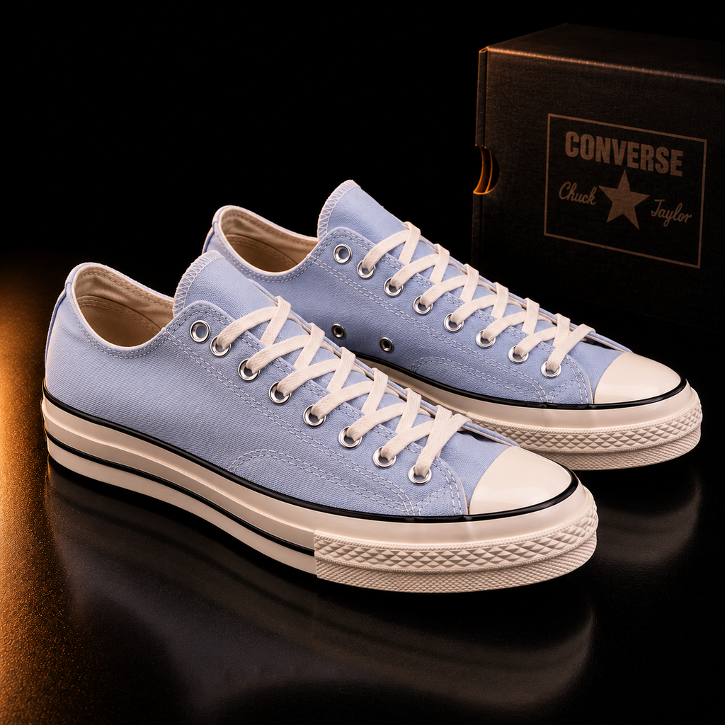 Converse Chuck 70 Ox A06522C Cloudy Daze paire vue trois quarts droite fond noir premium