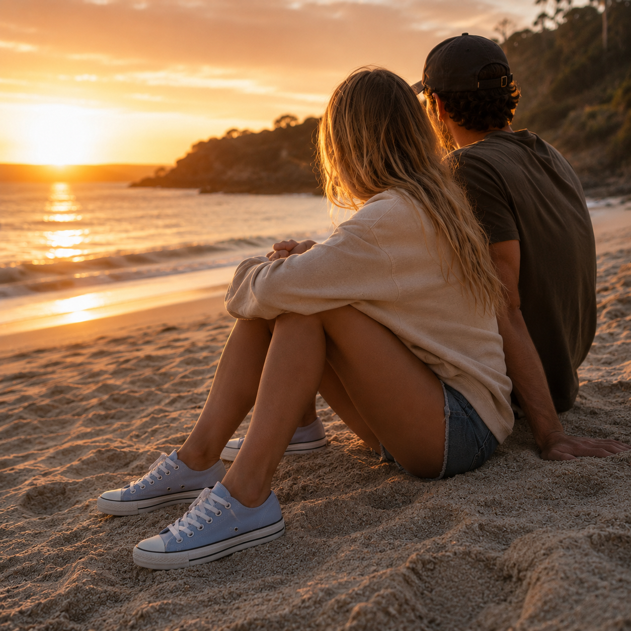 Converse Chuck 70 Ox A06522C Cloudy Daze portée par un couple sur la plage au coucher du soleil
