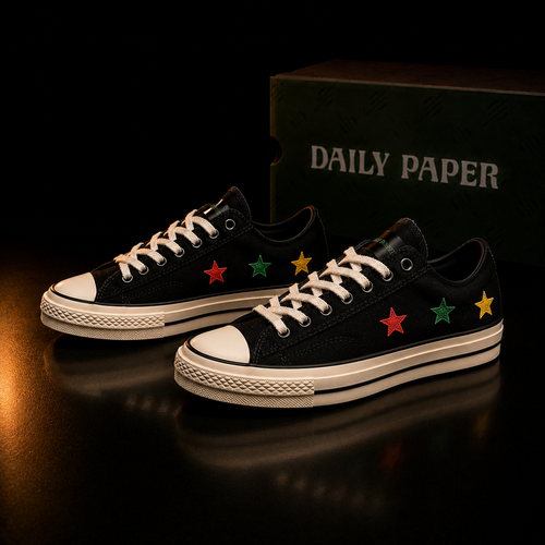 Daily Paper x Converse All Star paire noire vue 3/4 avant avec étoiles brodées multicolores sur fond noir cuivre