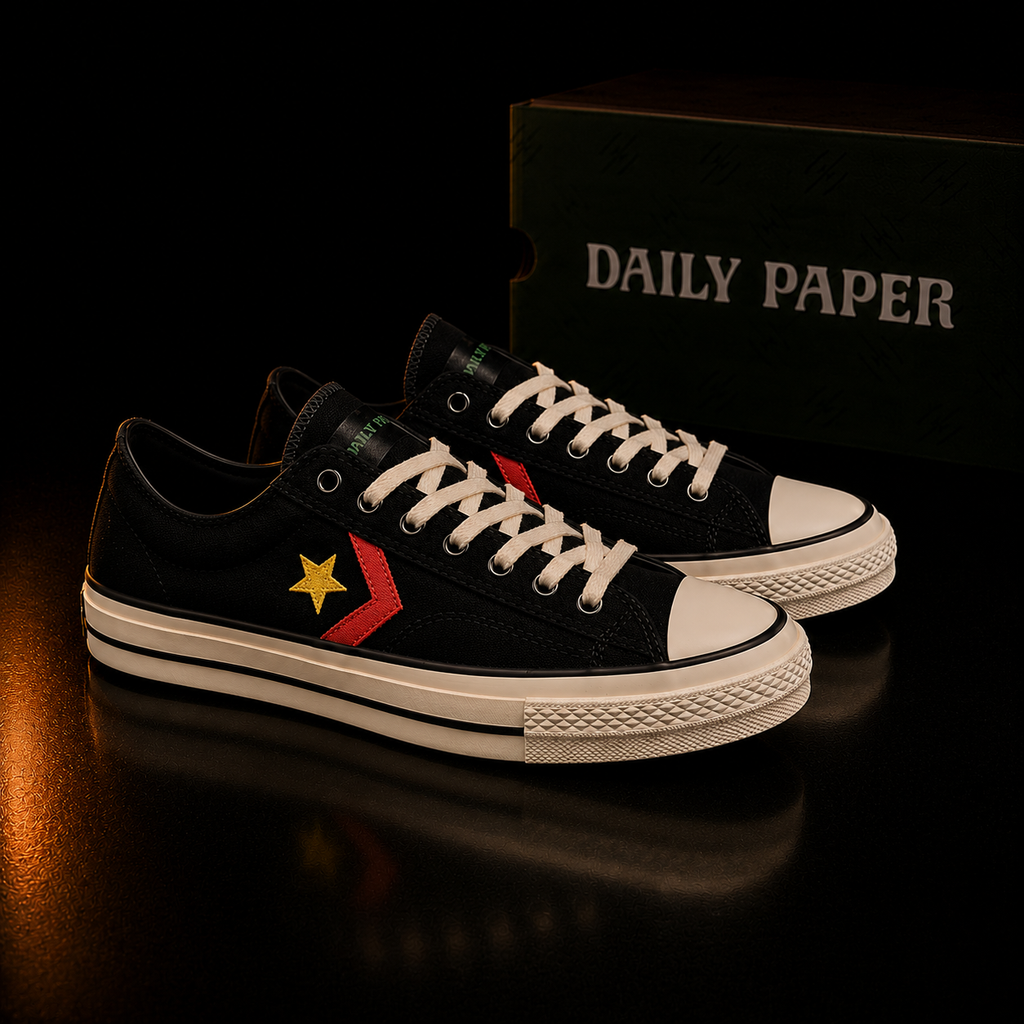 Daily Paper x Converse All Star paire noire vue 3/4 droite avec chevron rouge et étoile jaune sur fond noir cuivre