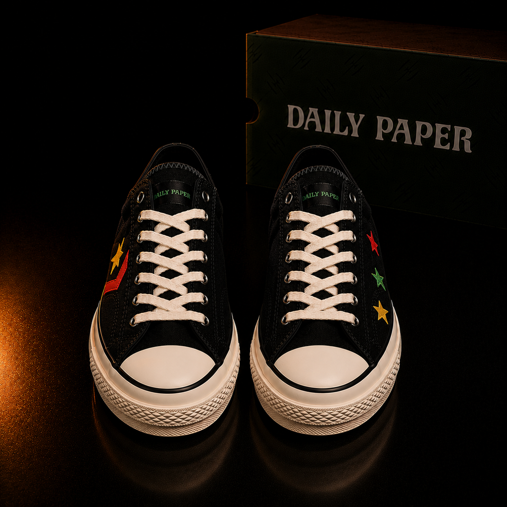 Daily Paper x Converse All Star vue dessus avec lacets blancs et logo Daily Paper sur languette