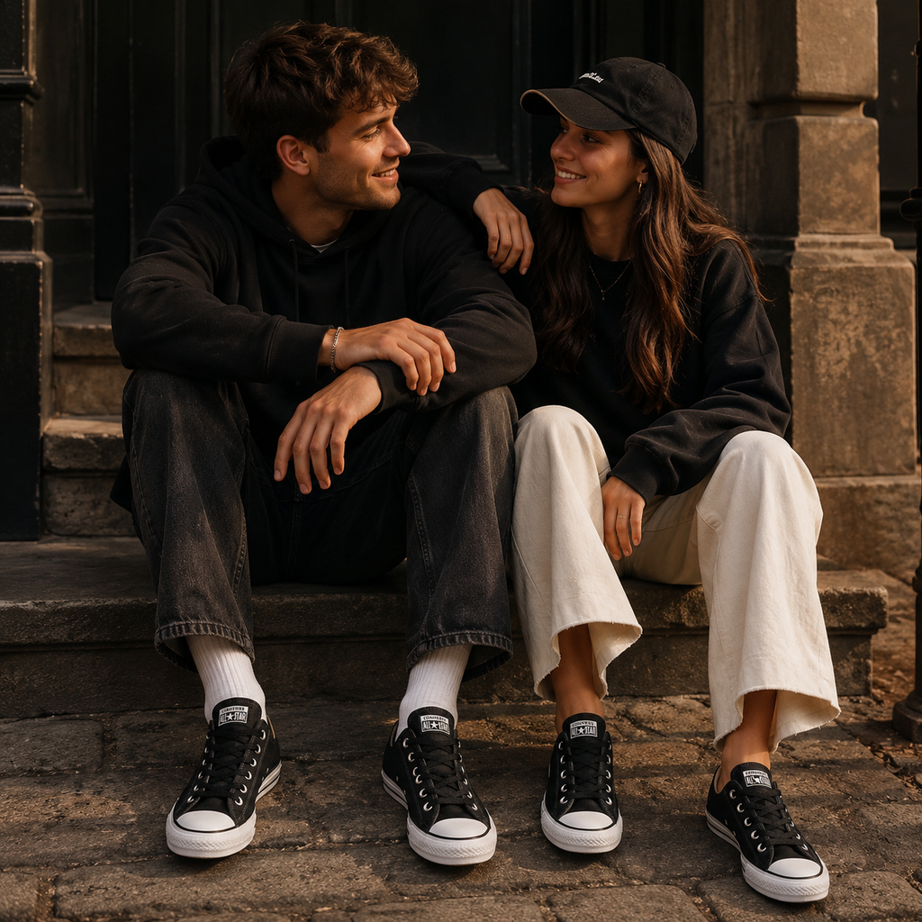 Converse CTAS OX 159614C Black Black White portée par un couple