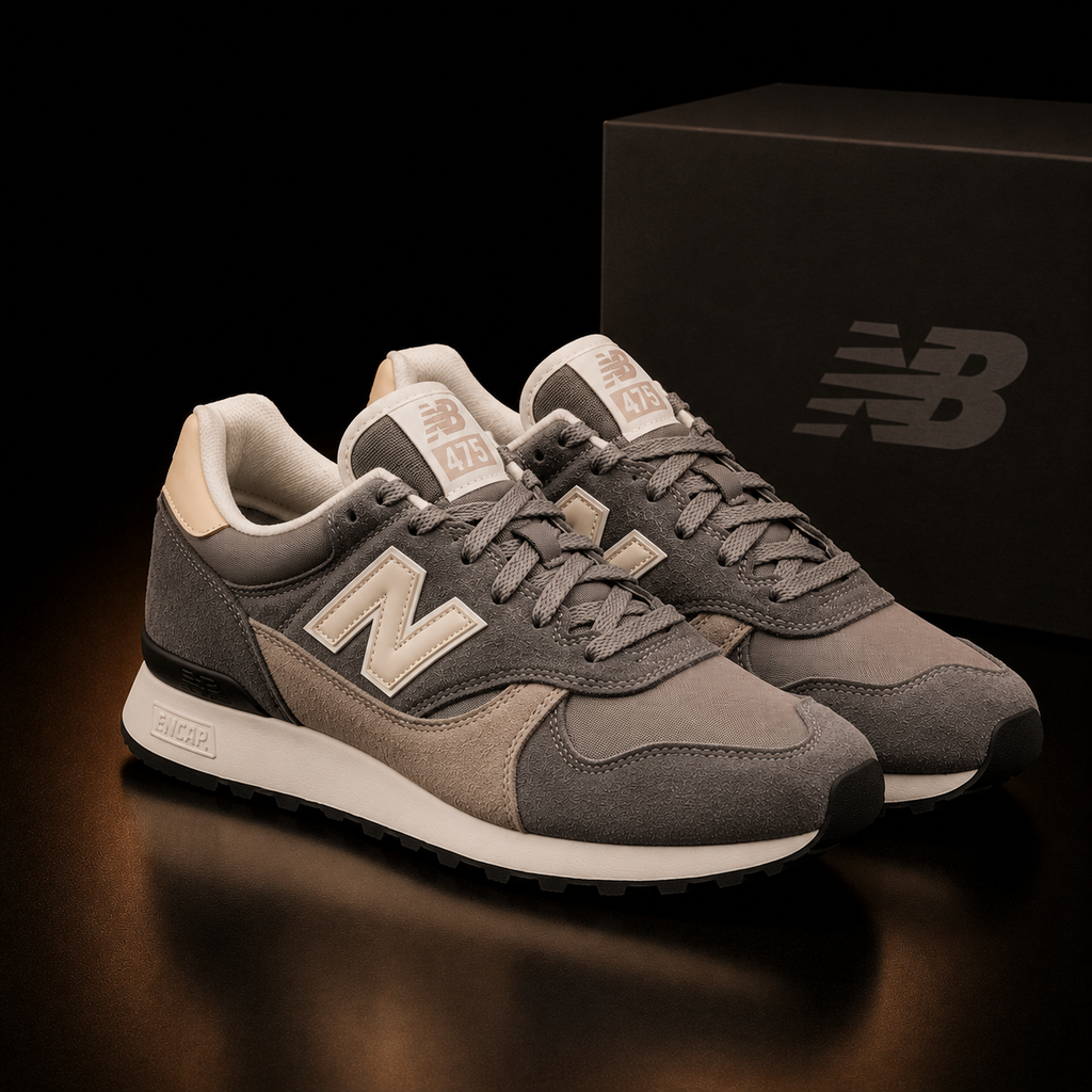 New Balance 475 U475CCB Homme vue 3/4 avant droite orientée vers la droite sur fond noir cuivre

