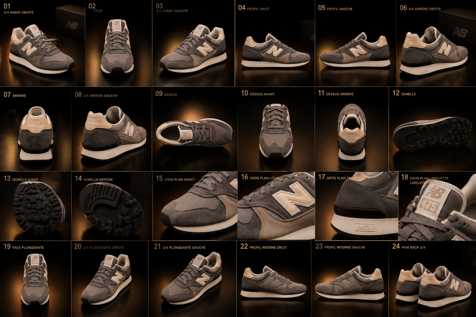 New Balance 475 U475CCB Homme planche 360° premium 24 vues fond noir cuivre