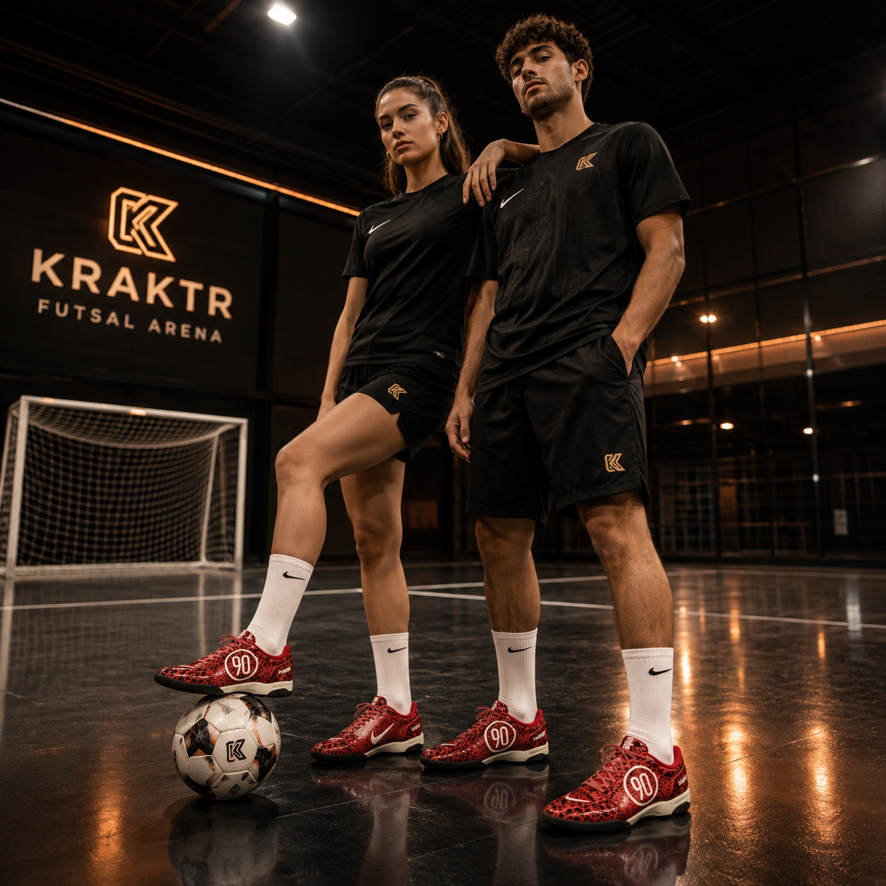 Nike Total 90 SE IB4204-600 Femme portée par un couple dans une salle de futsal premium