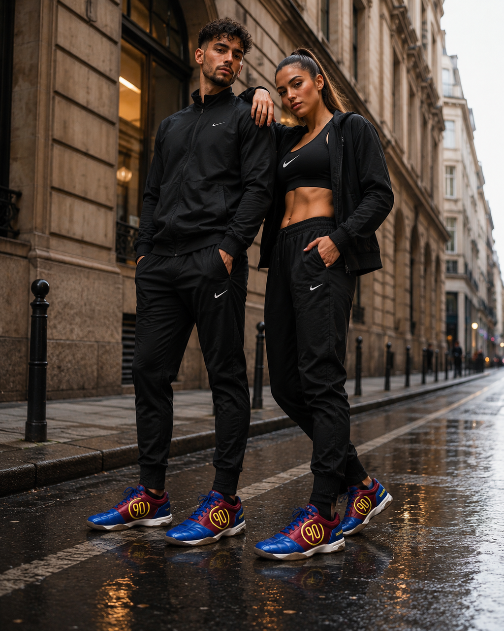 Couple portant les Nike Total 90 HQ2851-401 dans une rue urbaine premium