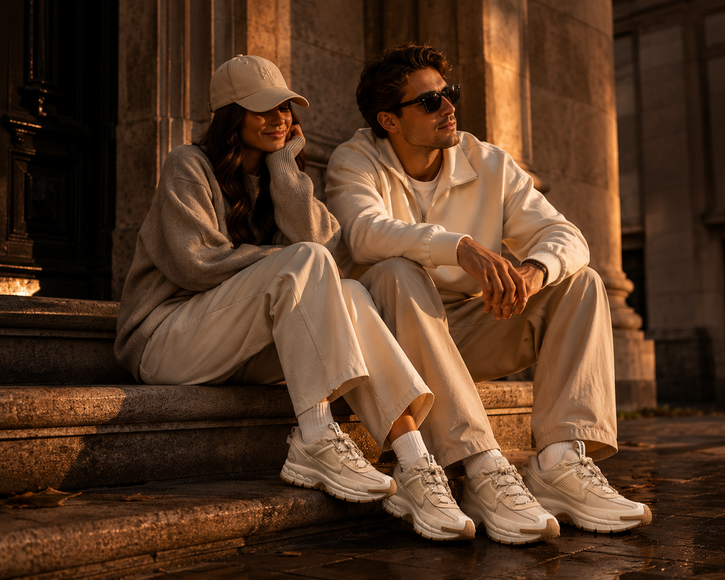 Nike Zoom Vomero Roam HQ2181-100 portée par un couple en ambiance urbaine premium au coucher du soleil
